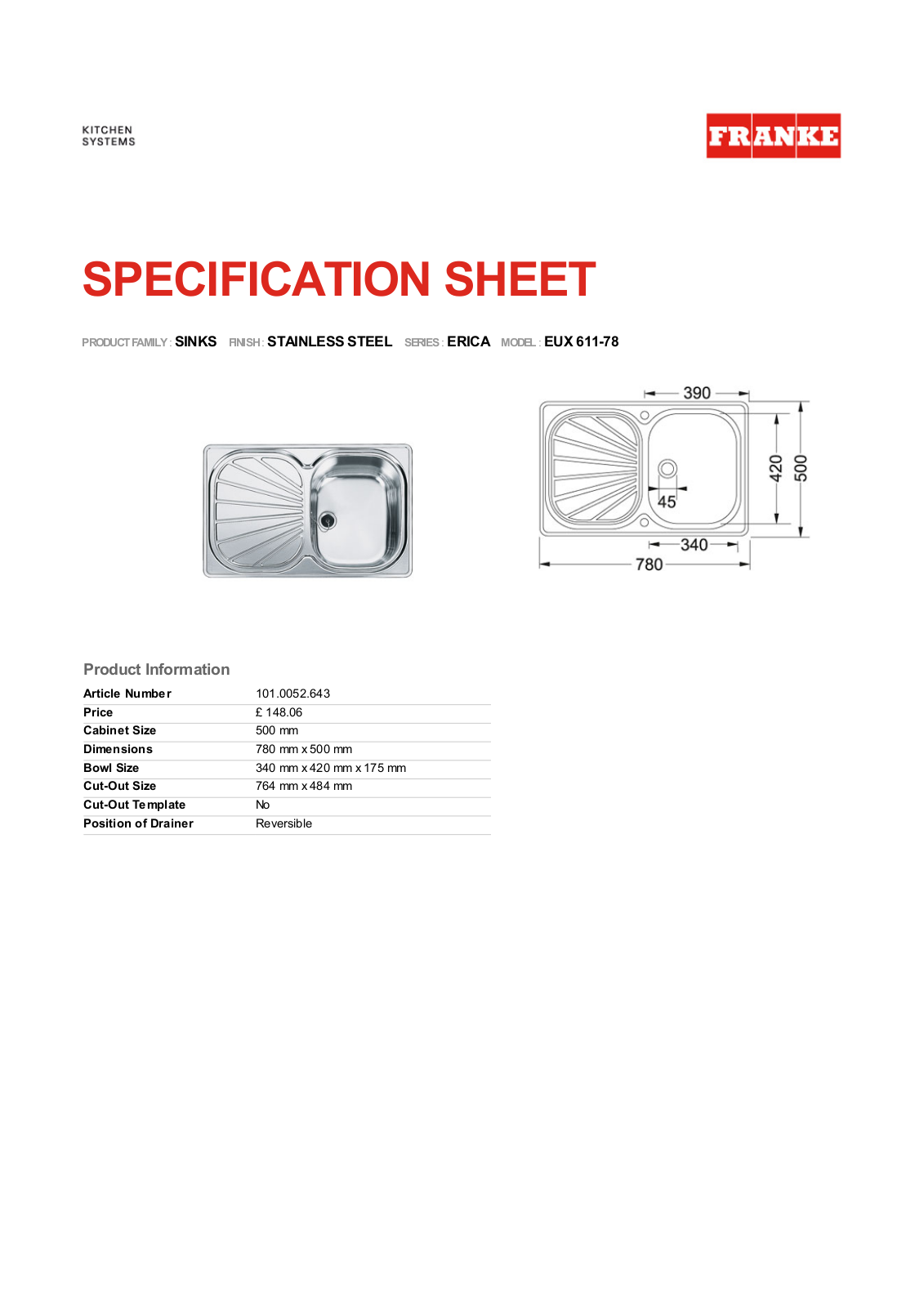 Franke Foodservice EUX 611-78 Specification