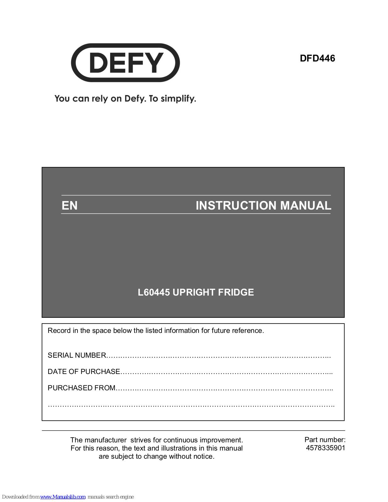 Defy DFD446, L60445NE Instruction Manual