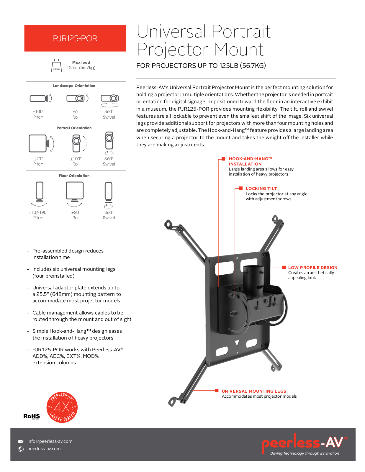 Peerless-AV PJR125-POR Specsheet