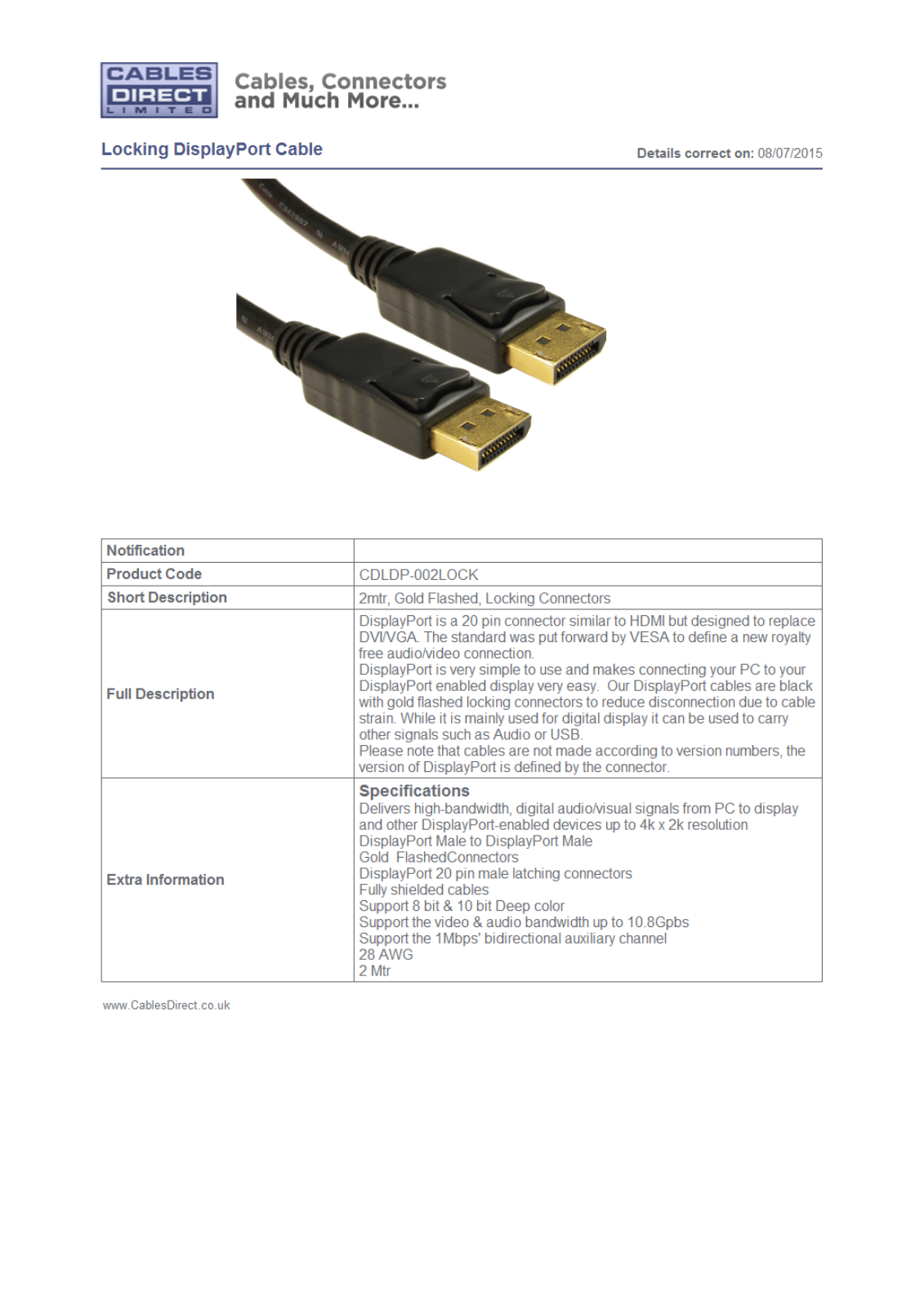 Cables Direct CDLDP-002LOCK Datasheet