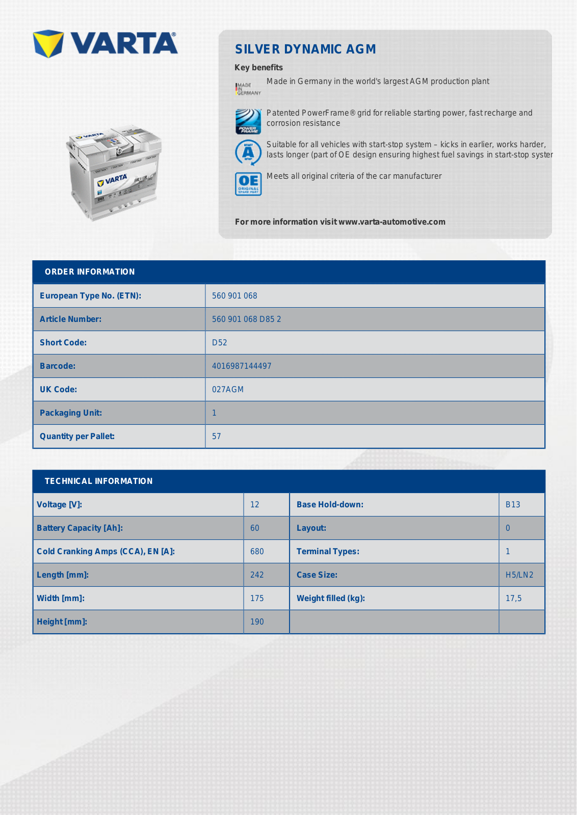 Varta AGM D52 Data sheet