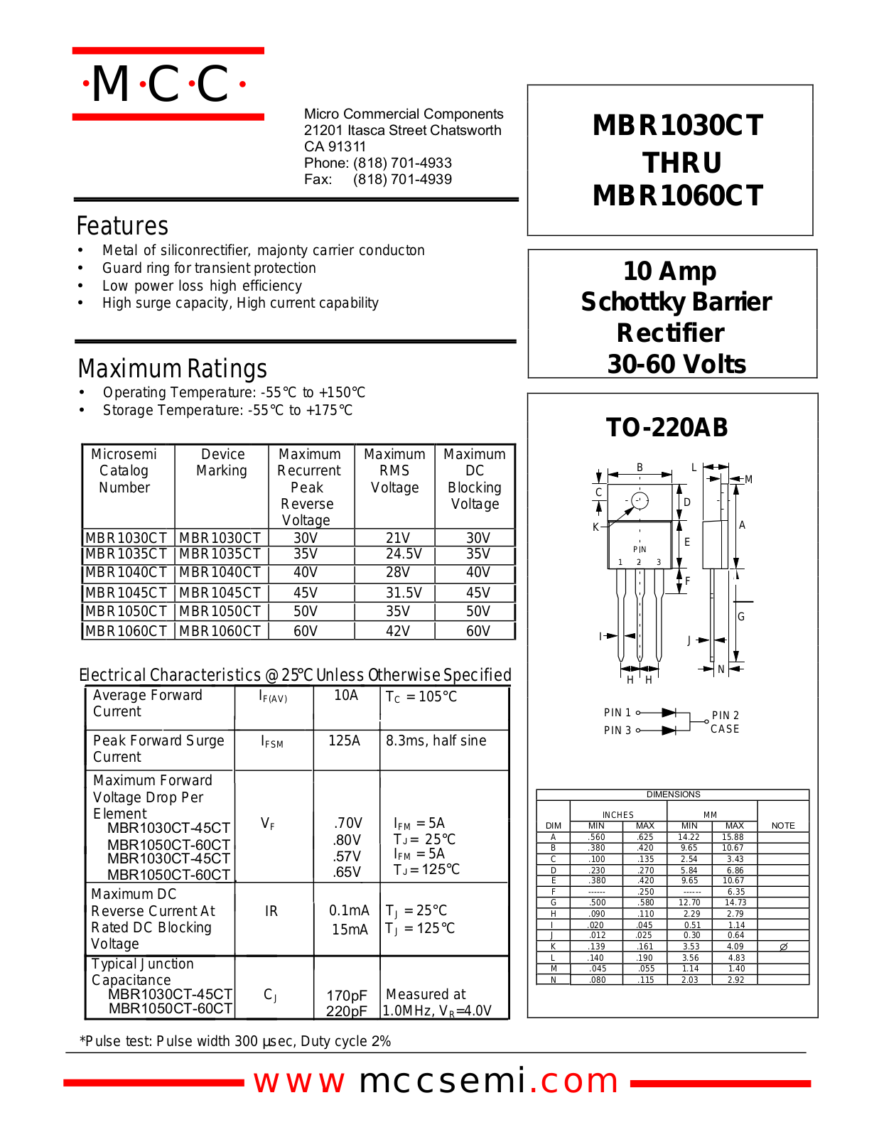 MCC MBR1045CT, MBR1050CT, MBR1040CT, MBR1060CT Datasheet