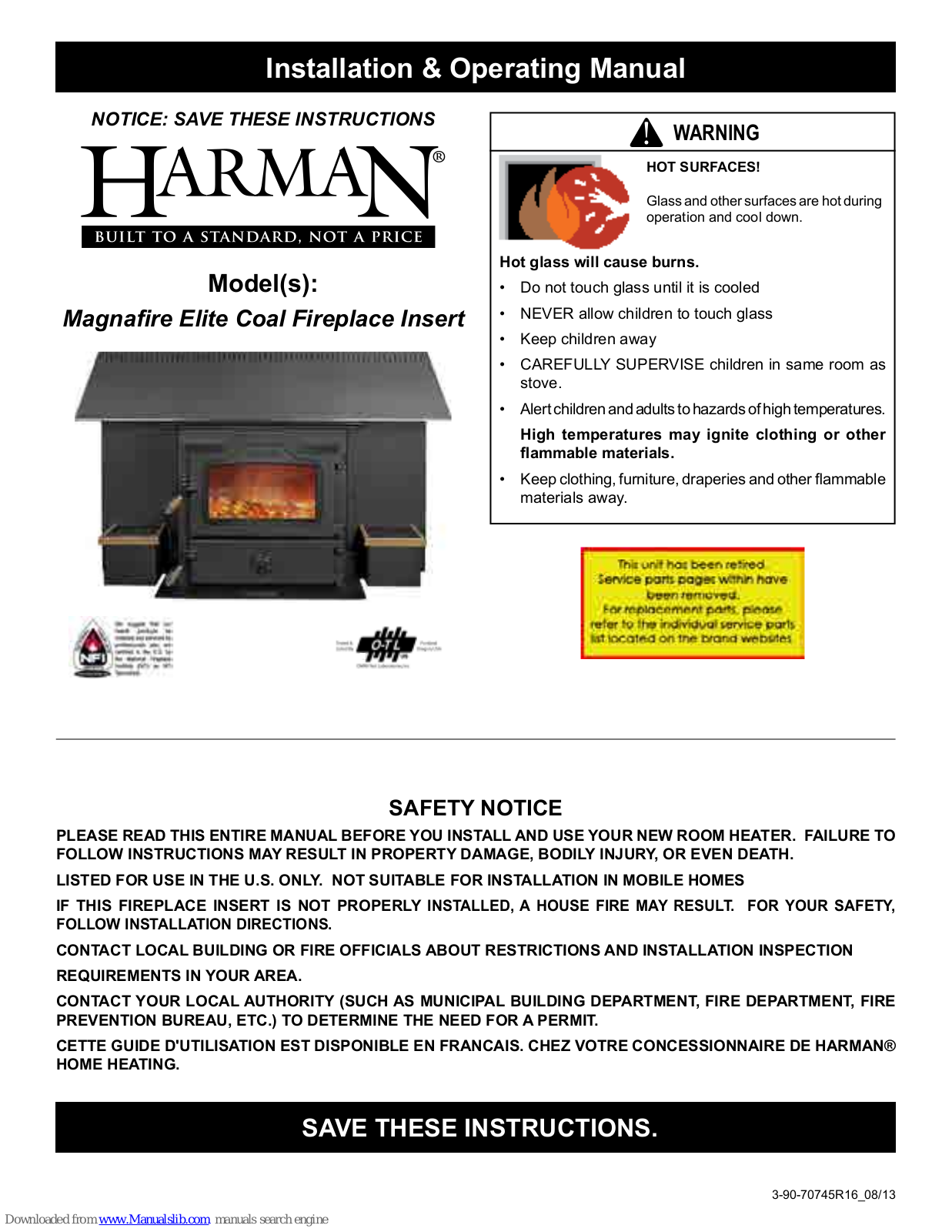 Harman Stoves Magnafire Elite Coal Fireplace Insert Installation & Operating Manual