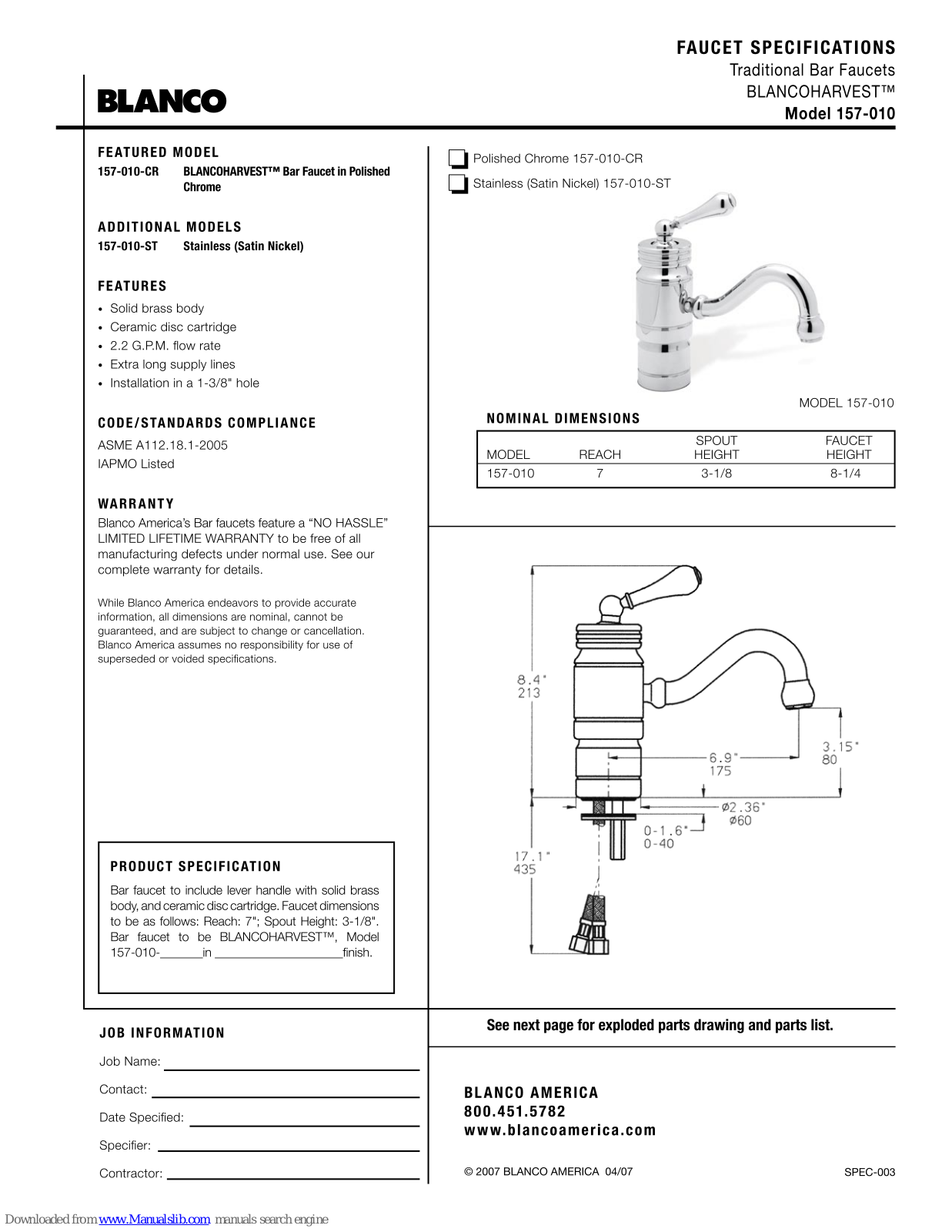 Blanco 157-010-CR, 157-010-ST Specification Sheet