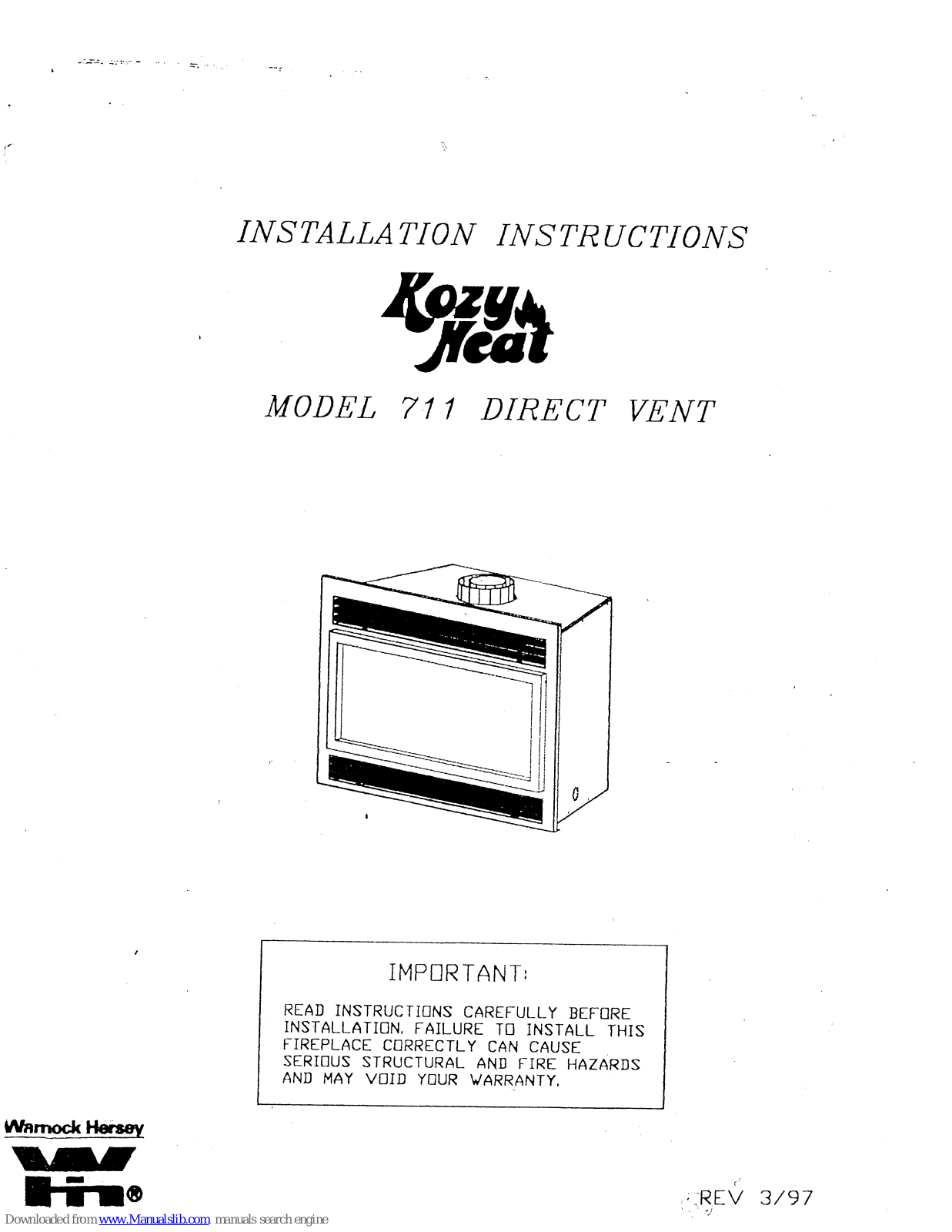 kozy heat 711, 100, 101 Installation Instructions Manual