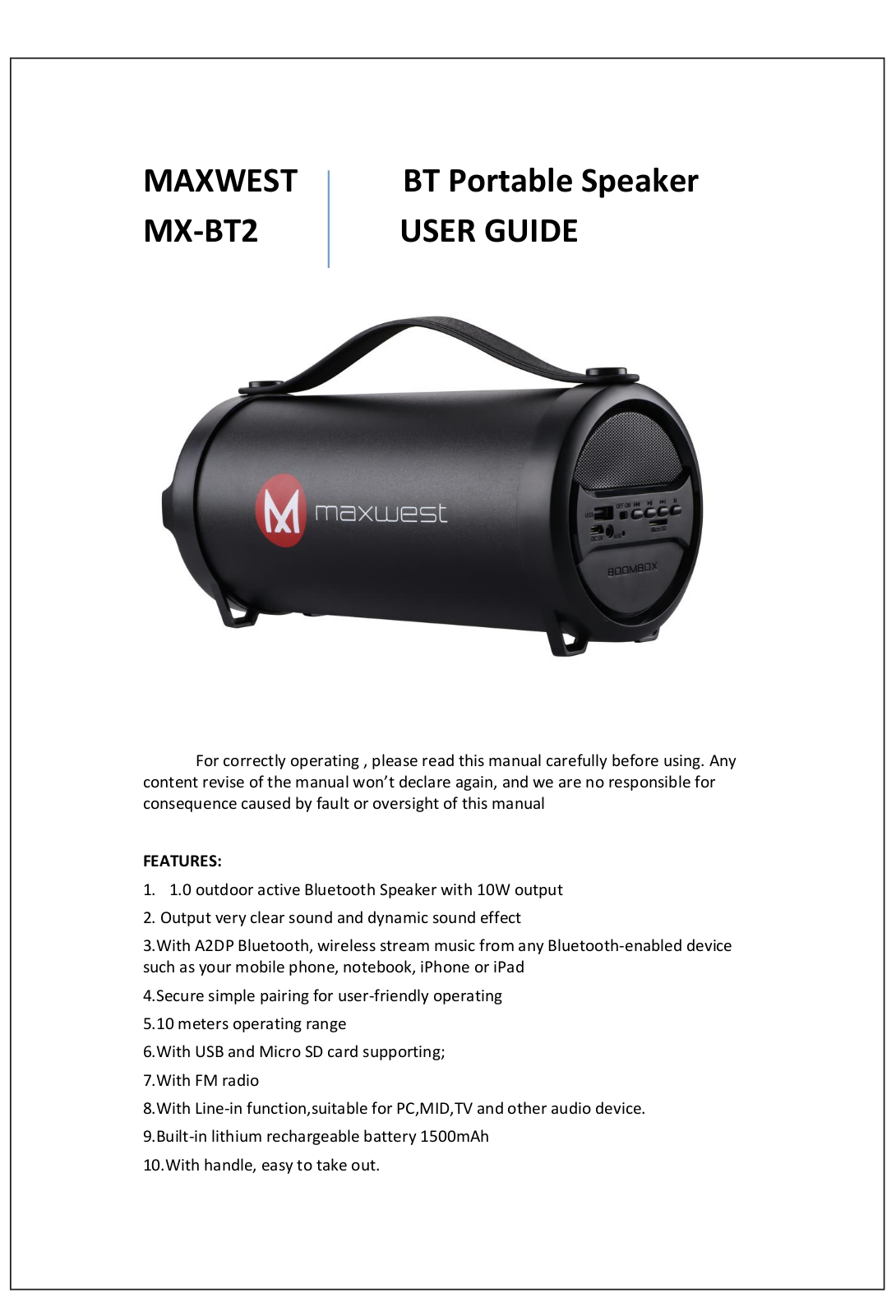 MAXWEST MXBT2 User Manual