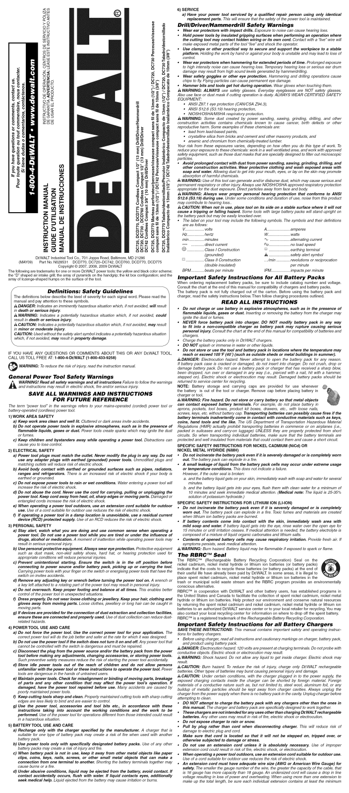 DeWalt DCD760B TYPE1, DC725KA TYPE1, DC720KA TYPE 1 Owner’s Manual