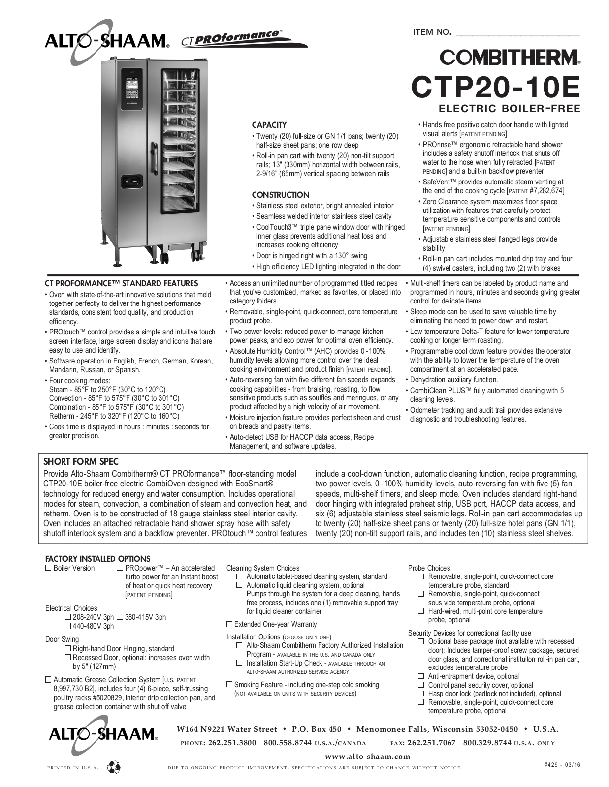 Alto Shaam CTP20-10E User Manual