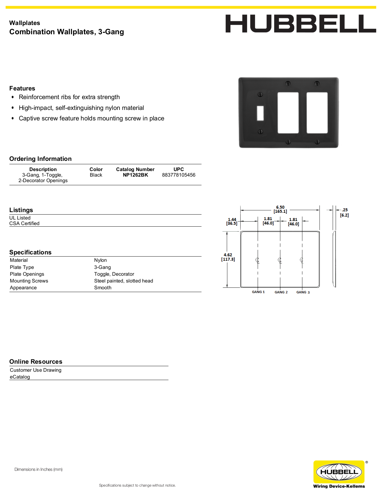 Hubbell NP1262BK Specifications