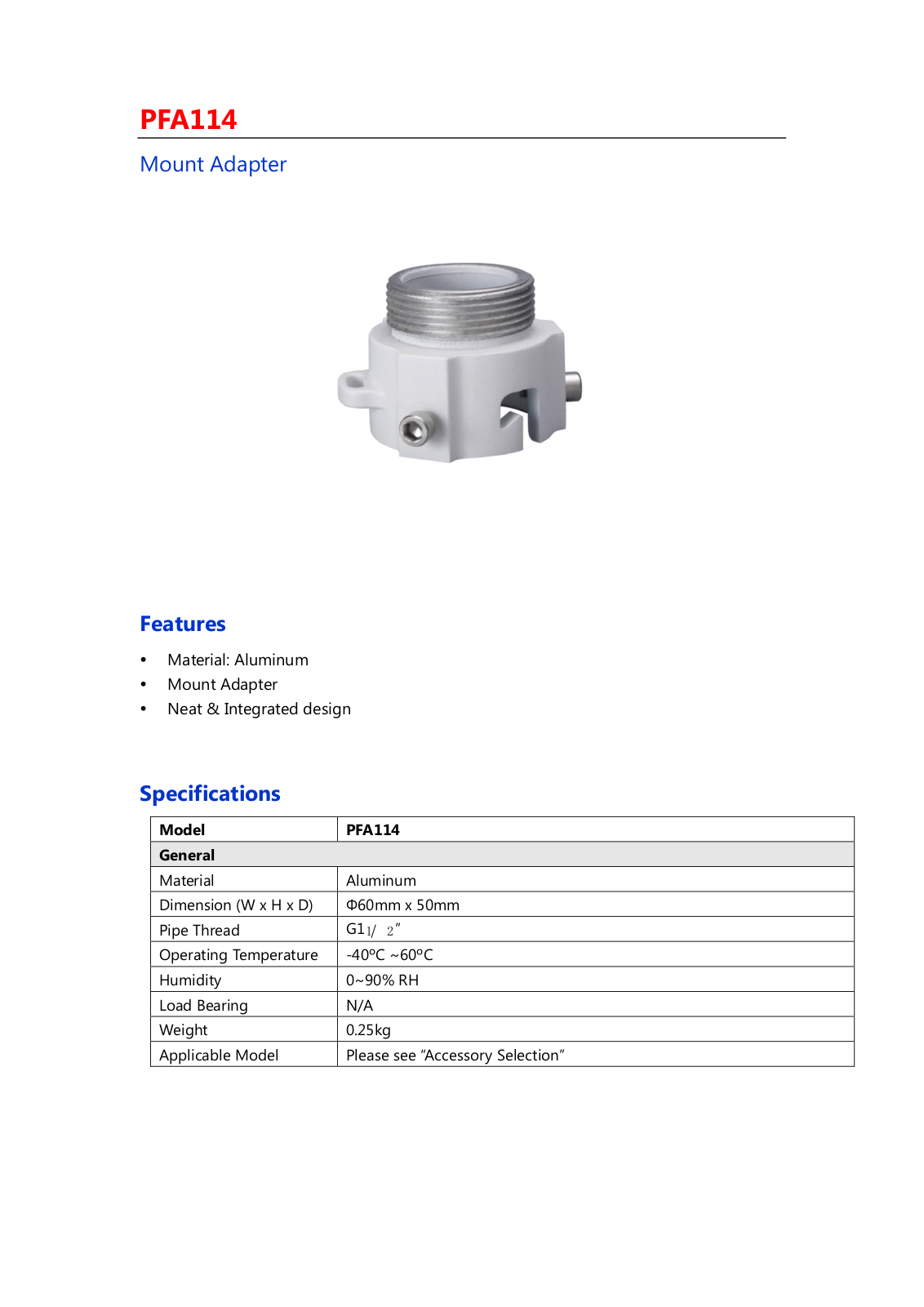 Cantek CT-W-PFA114 Specsheet