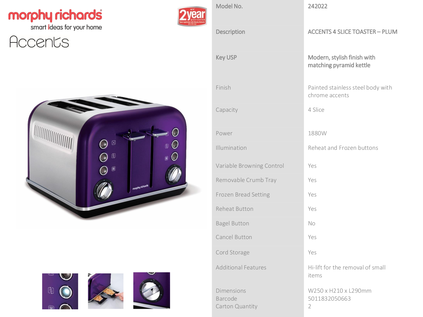 Morphy Richards 242022, 242022102020 Specifications Sheet