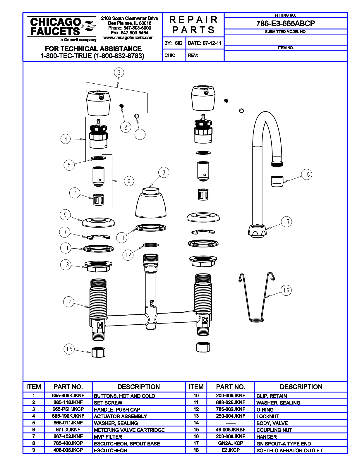 Chicago Faucet 786-E3-665ABCP Parts List