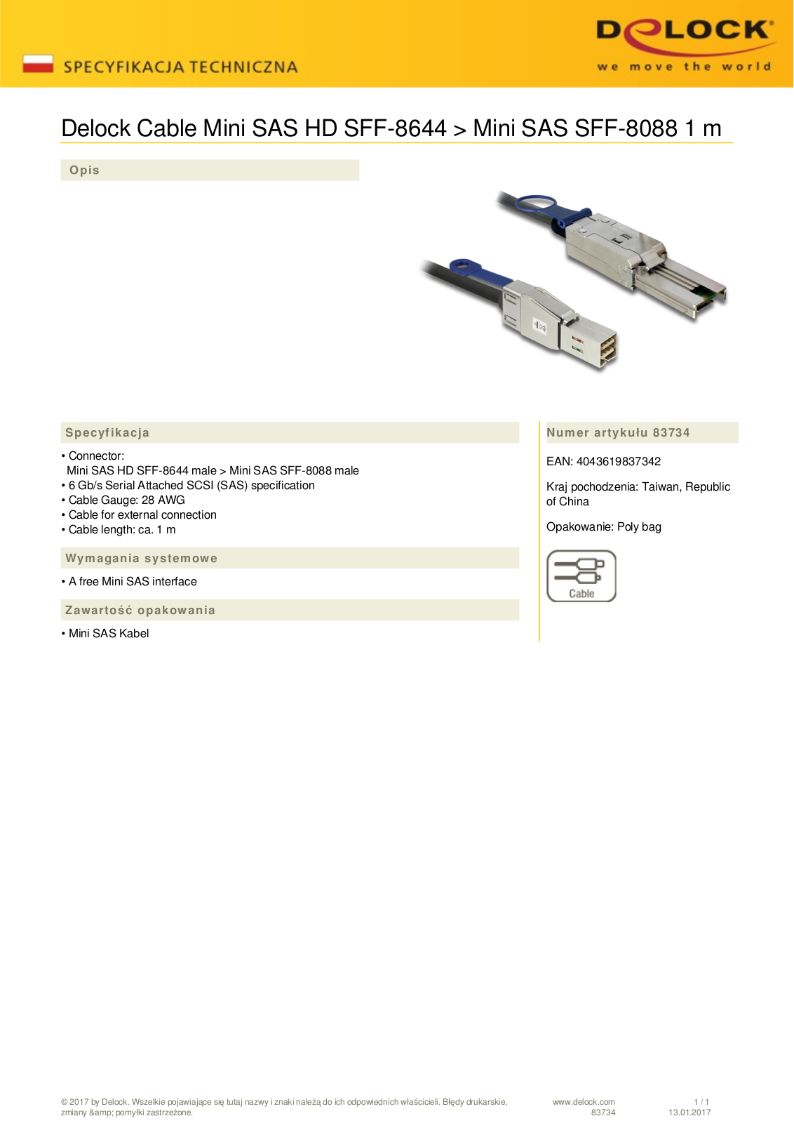 DeLOCK cable mini SAS HD SFF-8644 on mini SAS SFF-8088, 1m User Manual