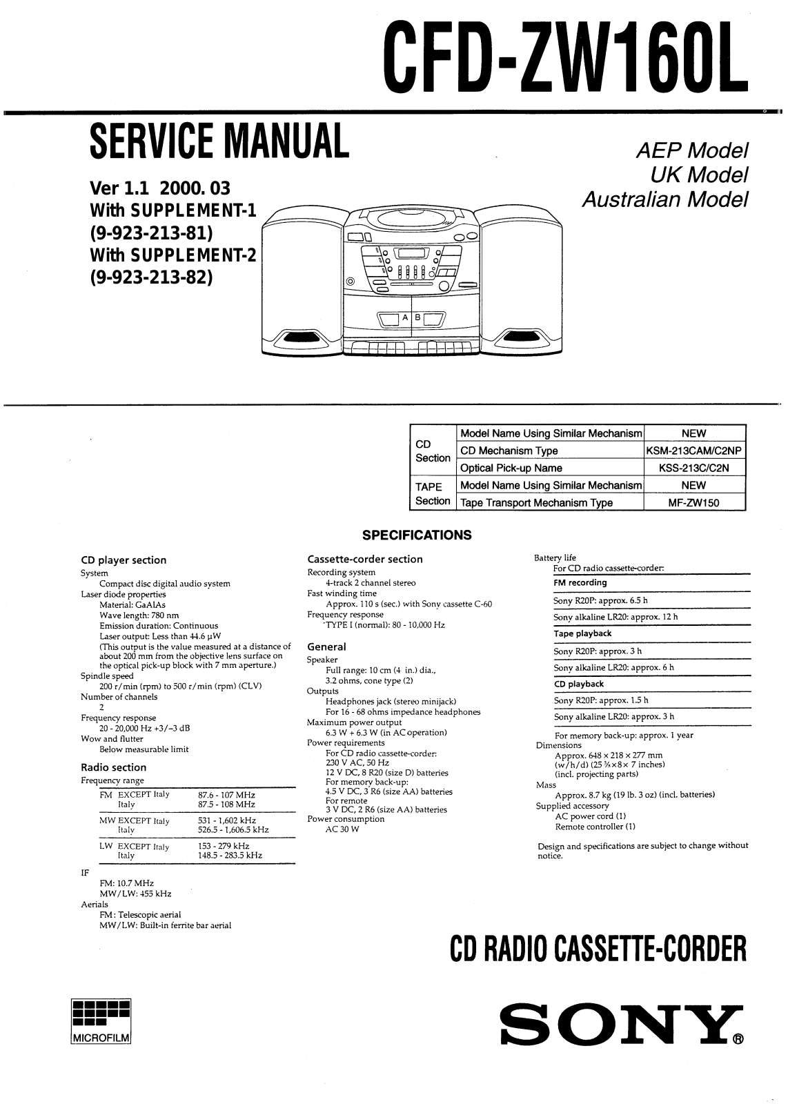 Sony CFDZW-160-L Service manual