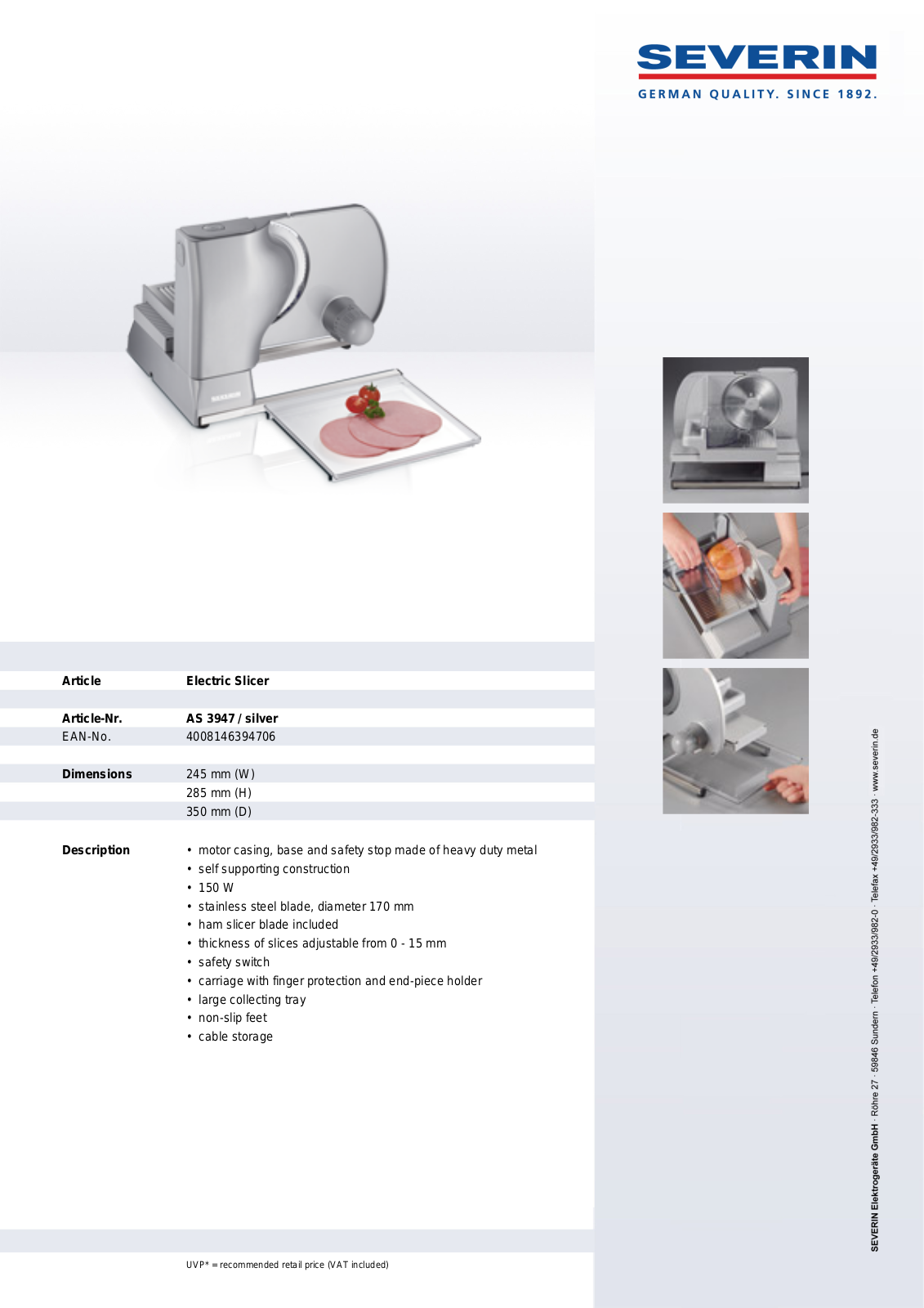 Severin ELECTRIC SLICER, AS 3947 User Manual