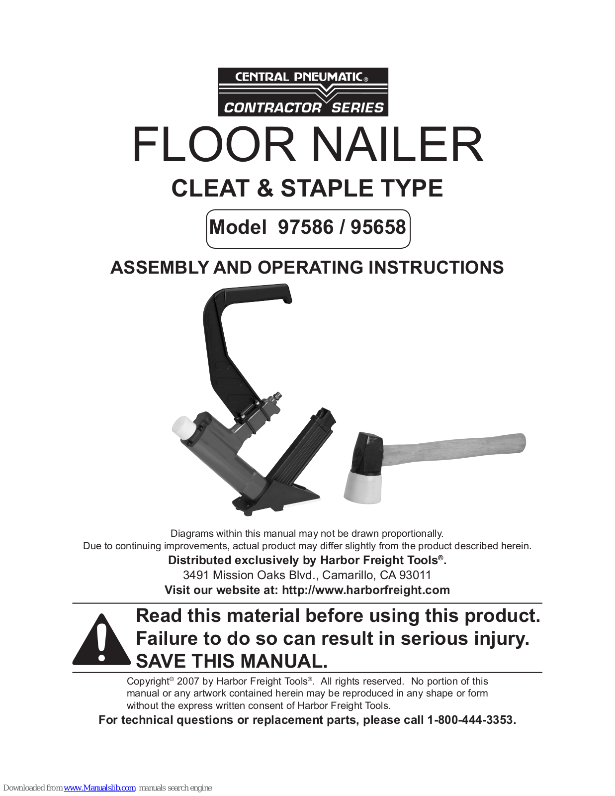 Central Pneumatic 97586, 95658 Assembly And Operating Instructions Manual