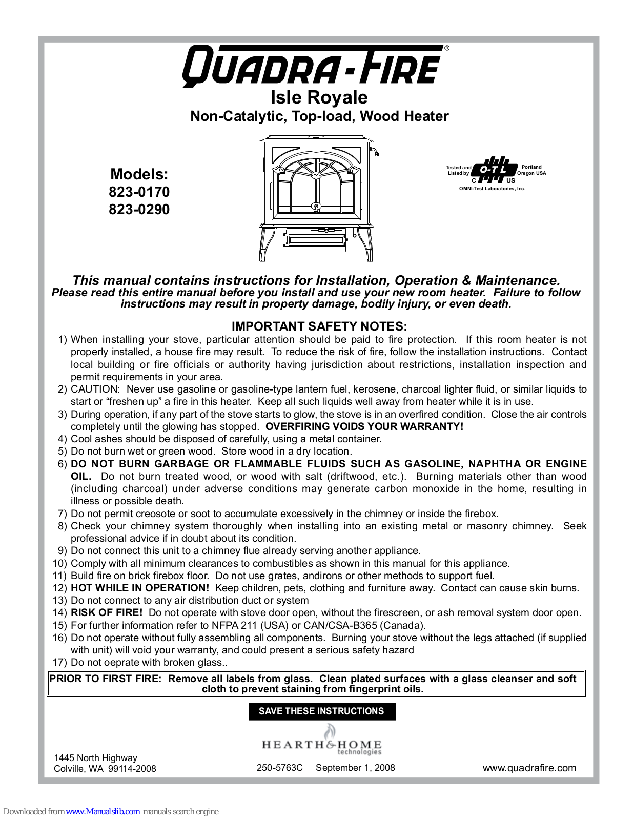 Quadra-Fire Isle Royale 823-0170, Isle Royale 823-0290, Isle Royale User Manual