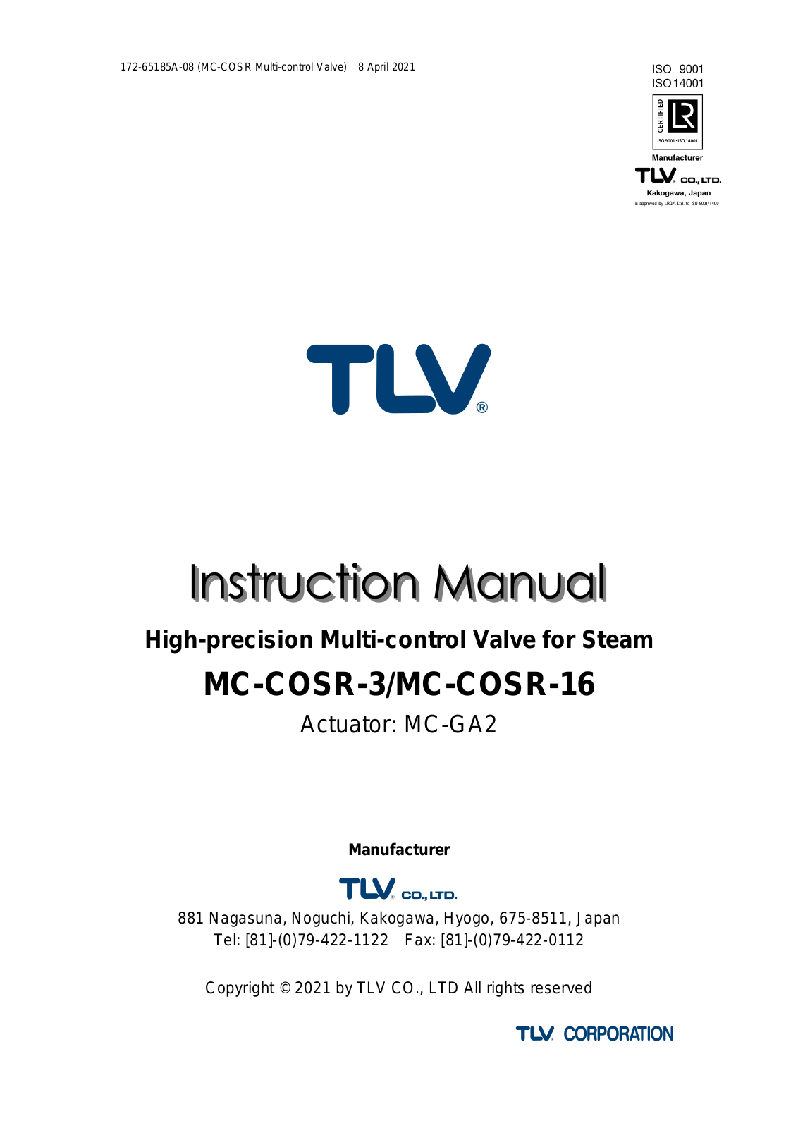 TLV MC-COSR-3, MC-COSR-16 Instruction Manual