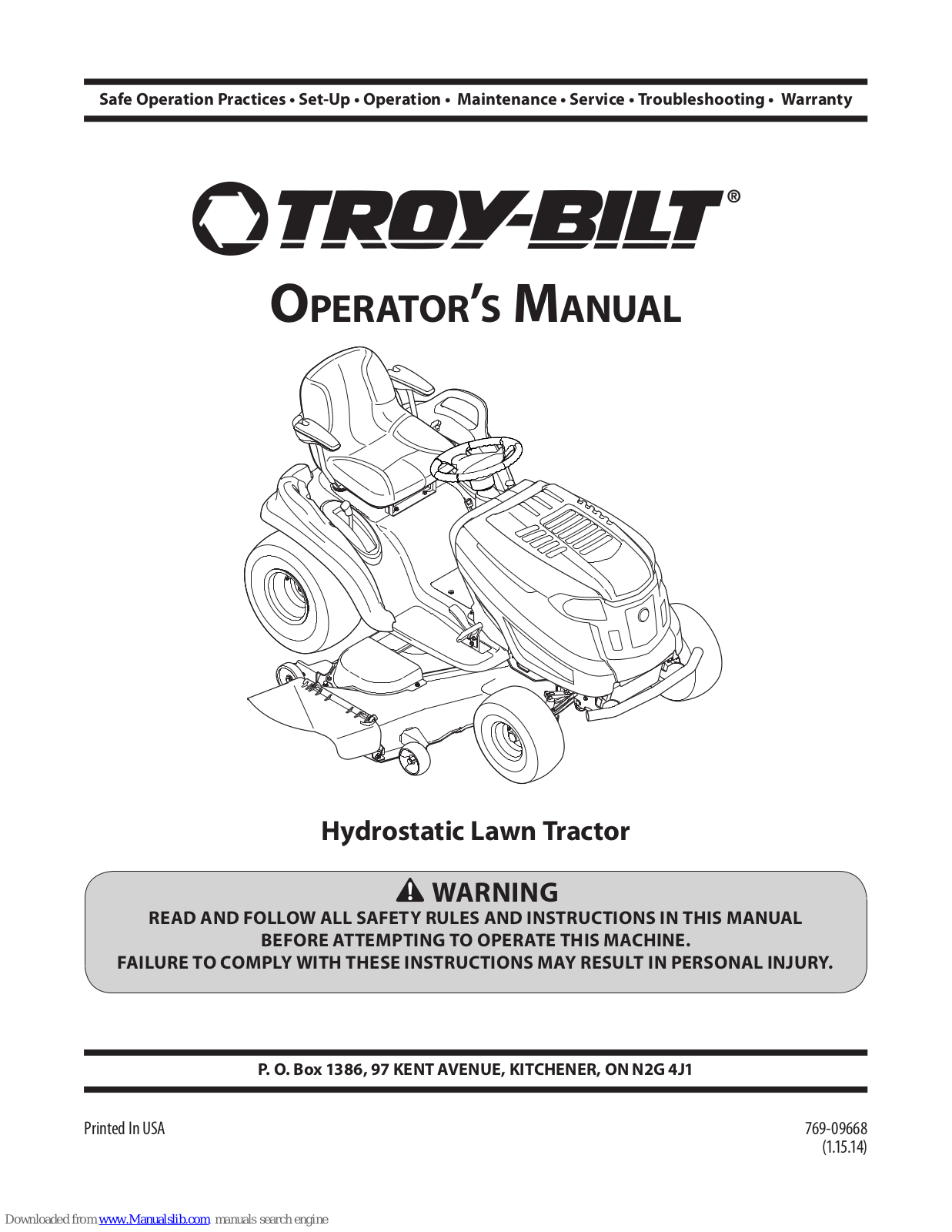 Troy-Bilt Hydrostatic Lawn Tractor Operator's Manual