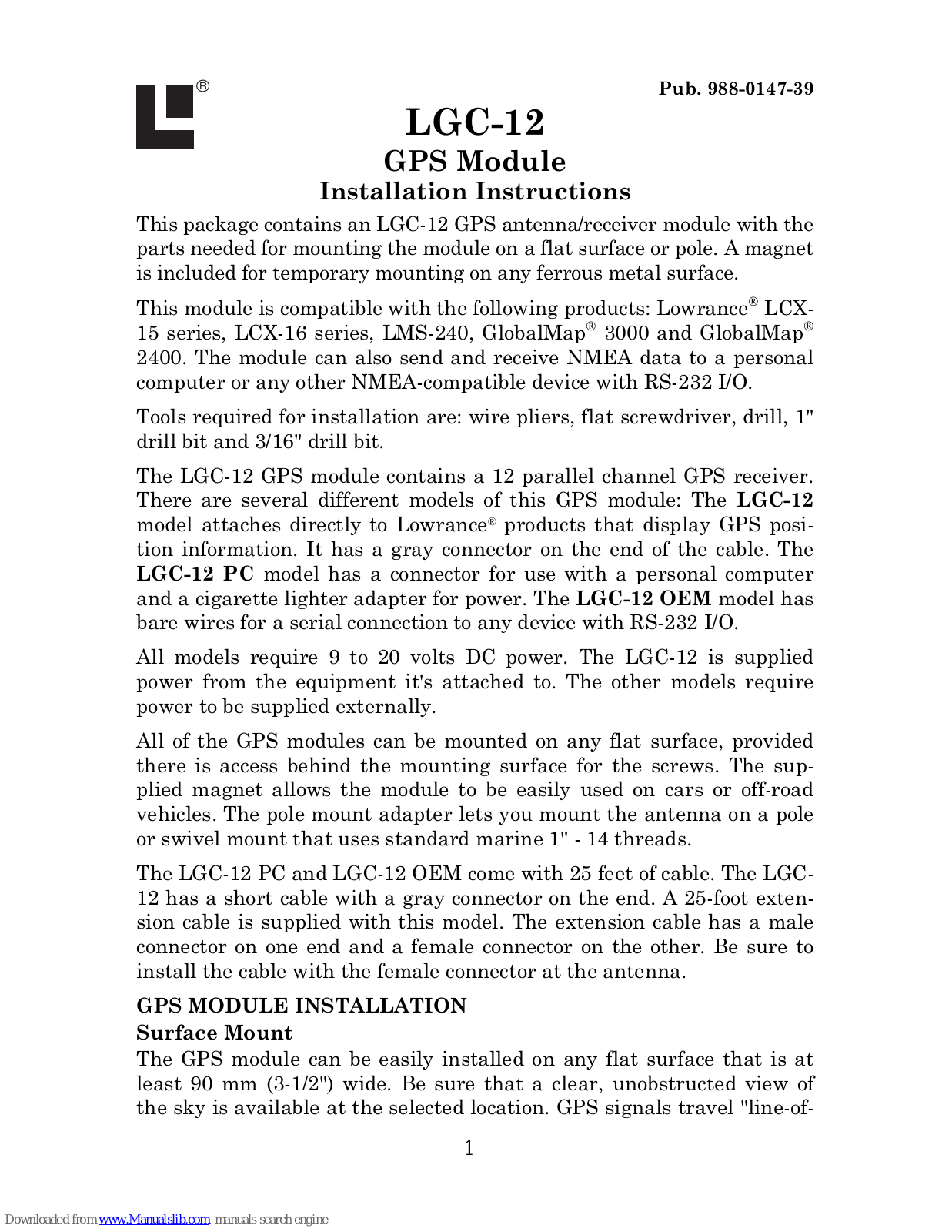 Lowrance LGC-12W, LGC-12 Installation Instructions Manual