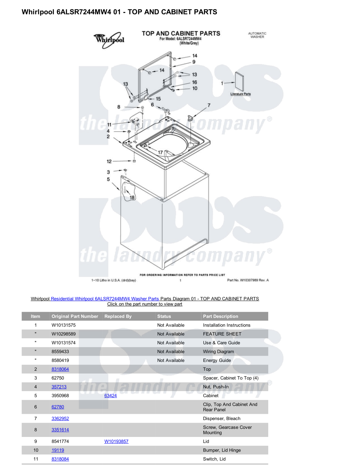 Whirlpool 6ALSR7244MW4 Parts Diagram