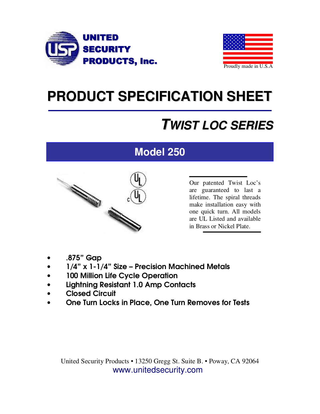 United Security Products 250 Specsheet