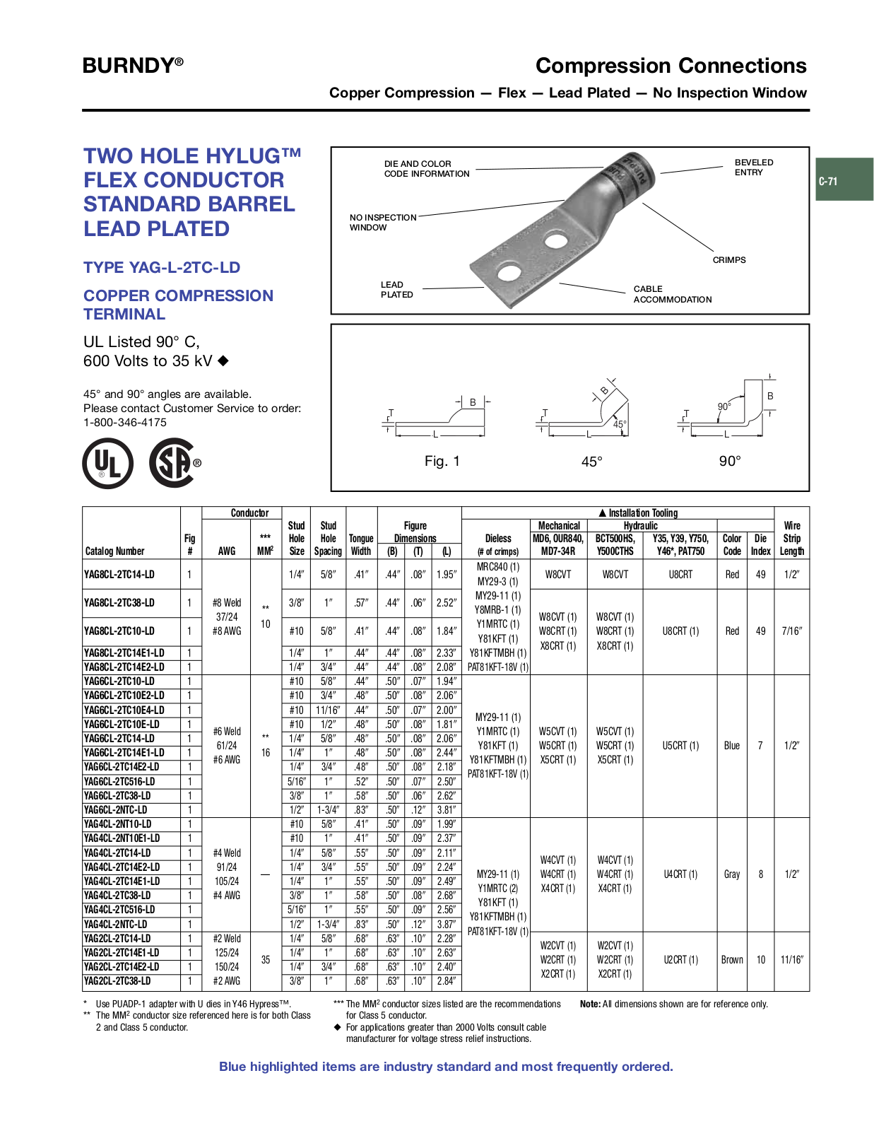 Burndy YAG-L-2TC-LD Catalog Page