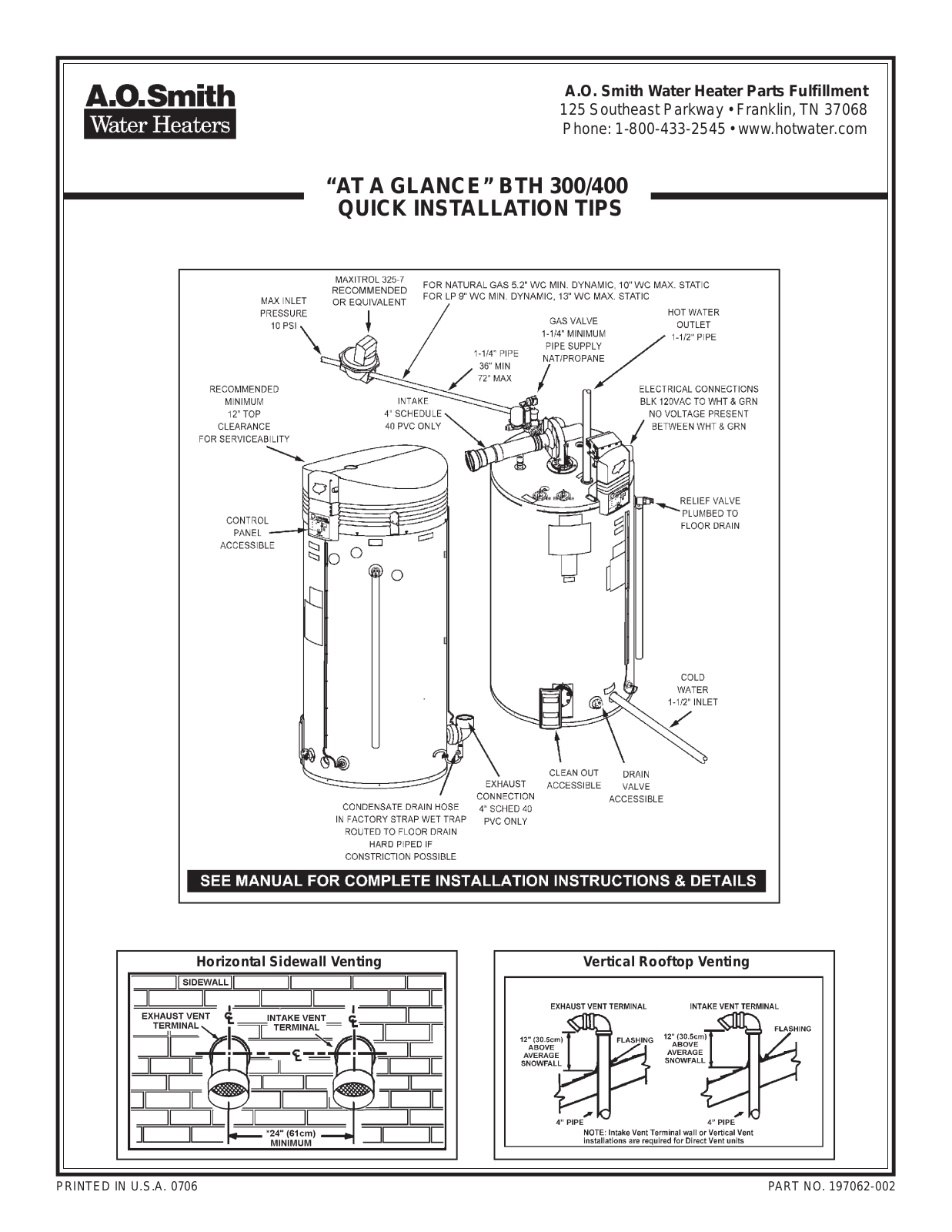 A.O. Smith BTH 400, BTH 300 User Manual