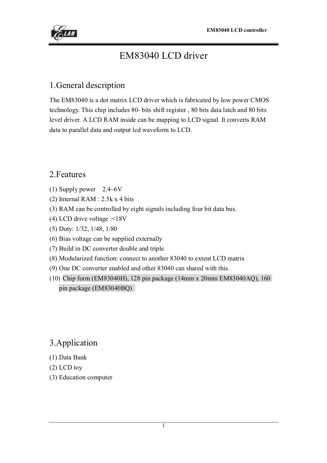 ELAN EM83040AQ, EM83040H, EM83040BQ Datasheet