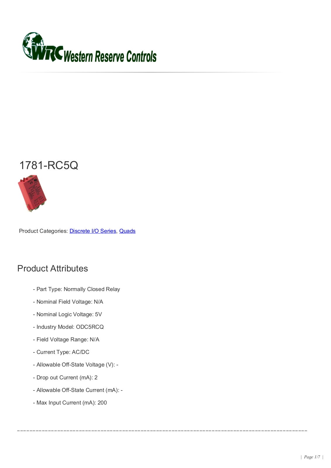 Western Reserve Controls 1781-RC5Q Data Sheet