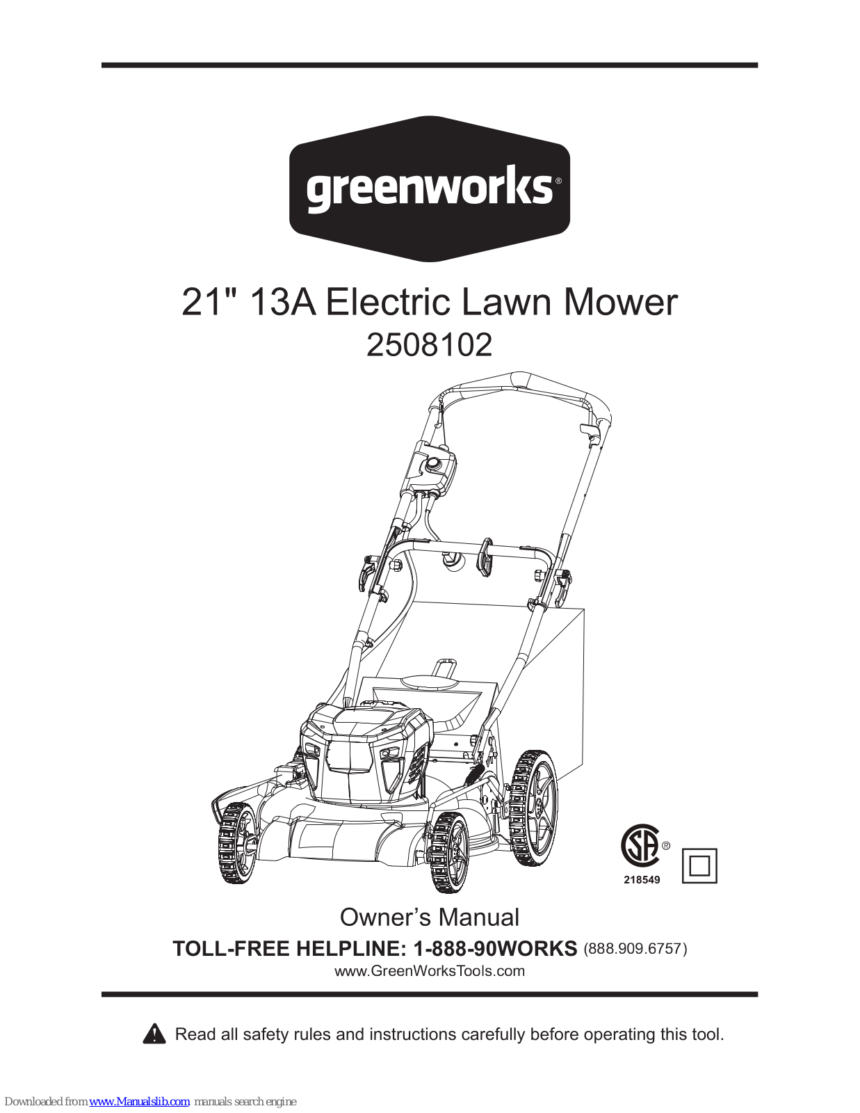 GreenWorks 2508102 Owner's Manual