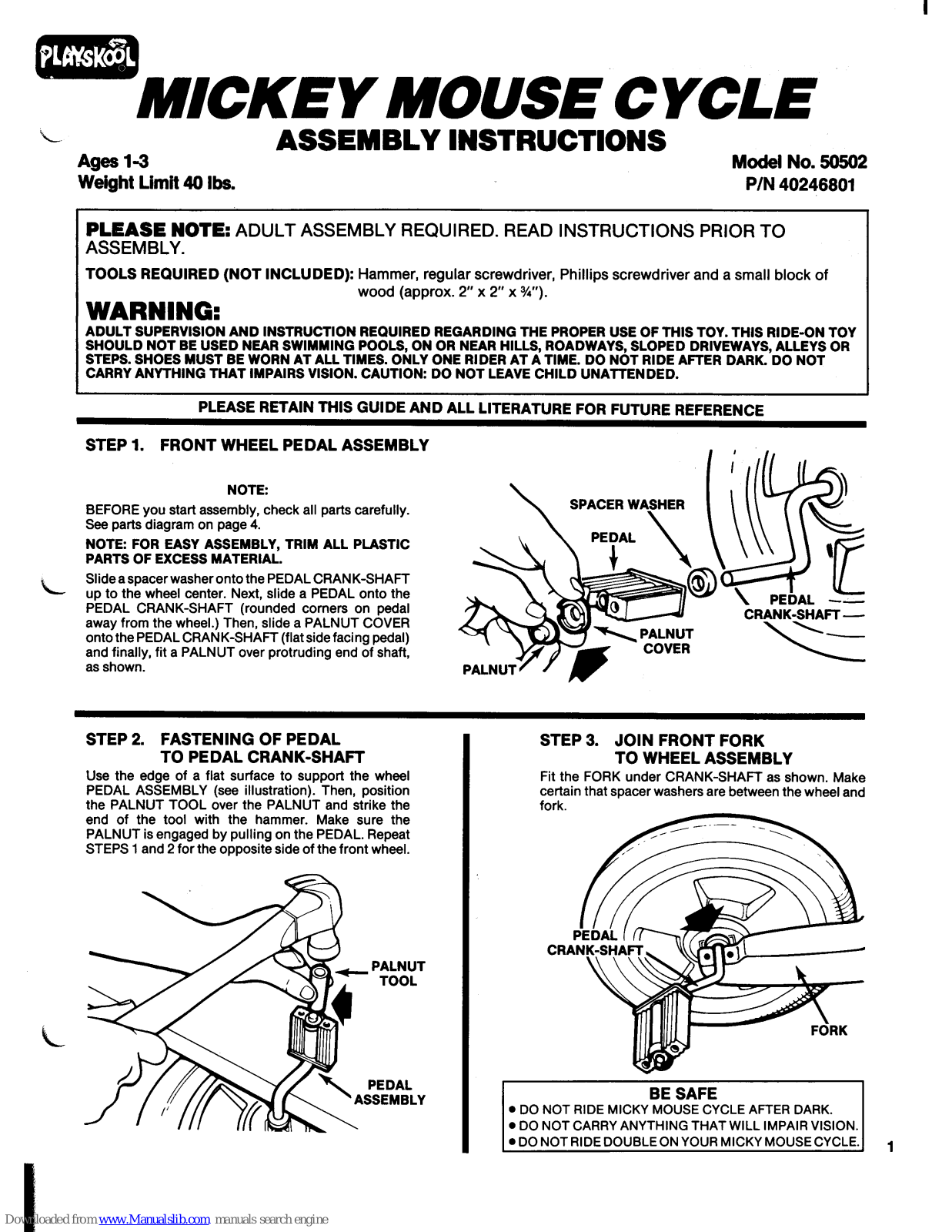 Playskool Mickey Mouse Cycle 50502 Assembly Instructions Manual