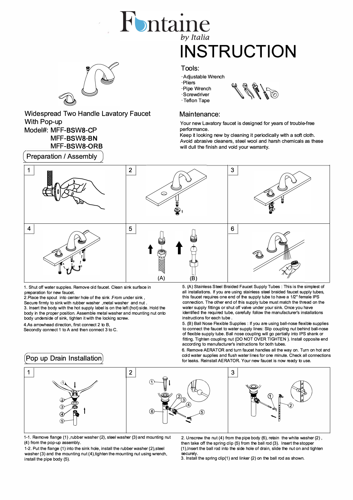 Italia Fontaine MFF-BSW8-ORB, MFF-BSW8-CP, MFF-BSW8-BN User Manual