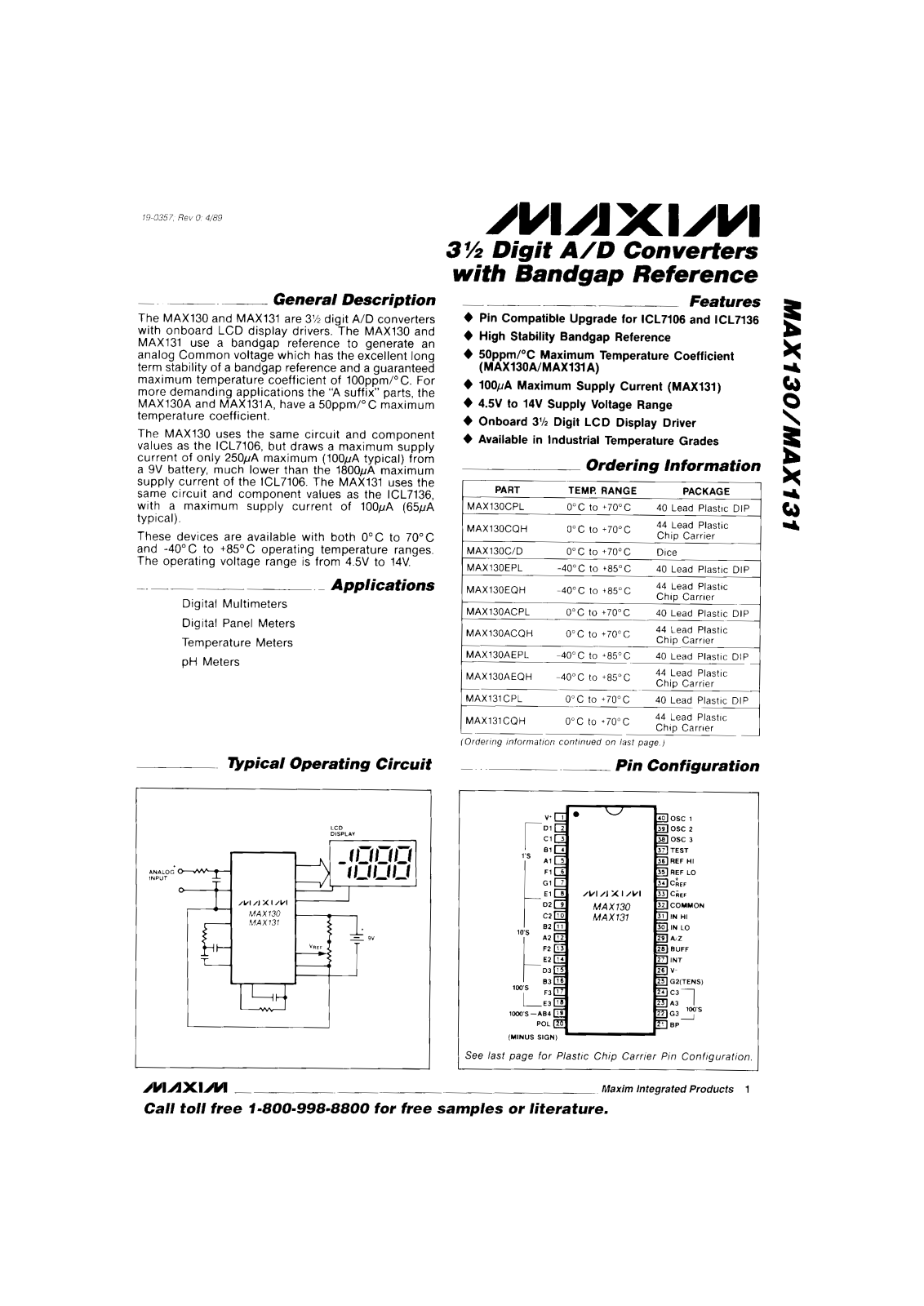 Maxim MAX131EQH, MAX131EPL, MAX131CQH, MAX130EQH, MAX130EPL Datasheet