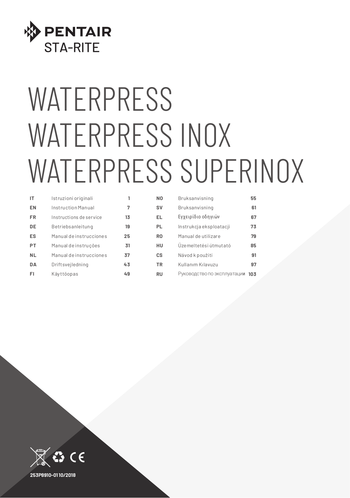 Pentair WATERPRESS, WATERPRESS INOX, WATERPRESS SUPERINOX Instruction Manual