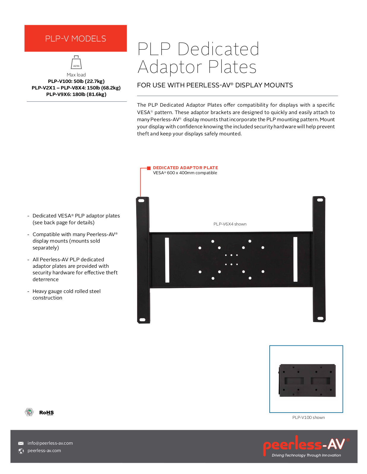 Peerless-AV PLP-V2X1, PLP-V2X2, PLP-V3X2, PLP-V3X3, PLP-V4X2 Specsheet