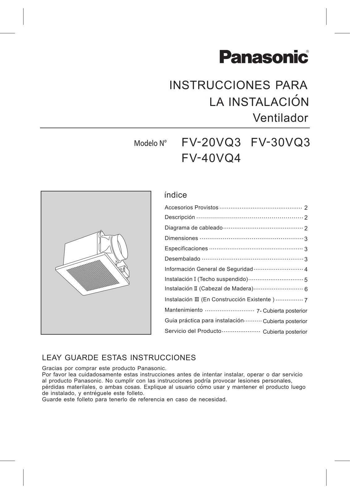 Panasonic fv-20vq3, fv-30vq3, fv-40vq3 installation