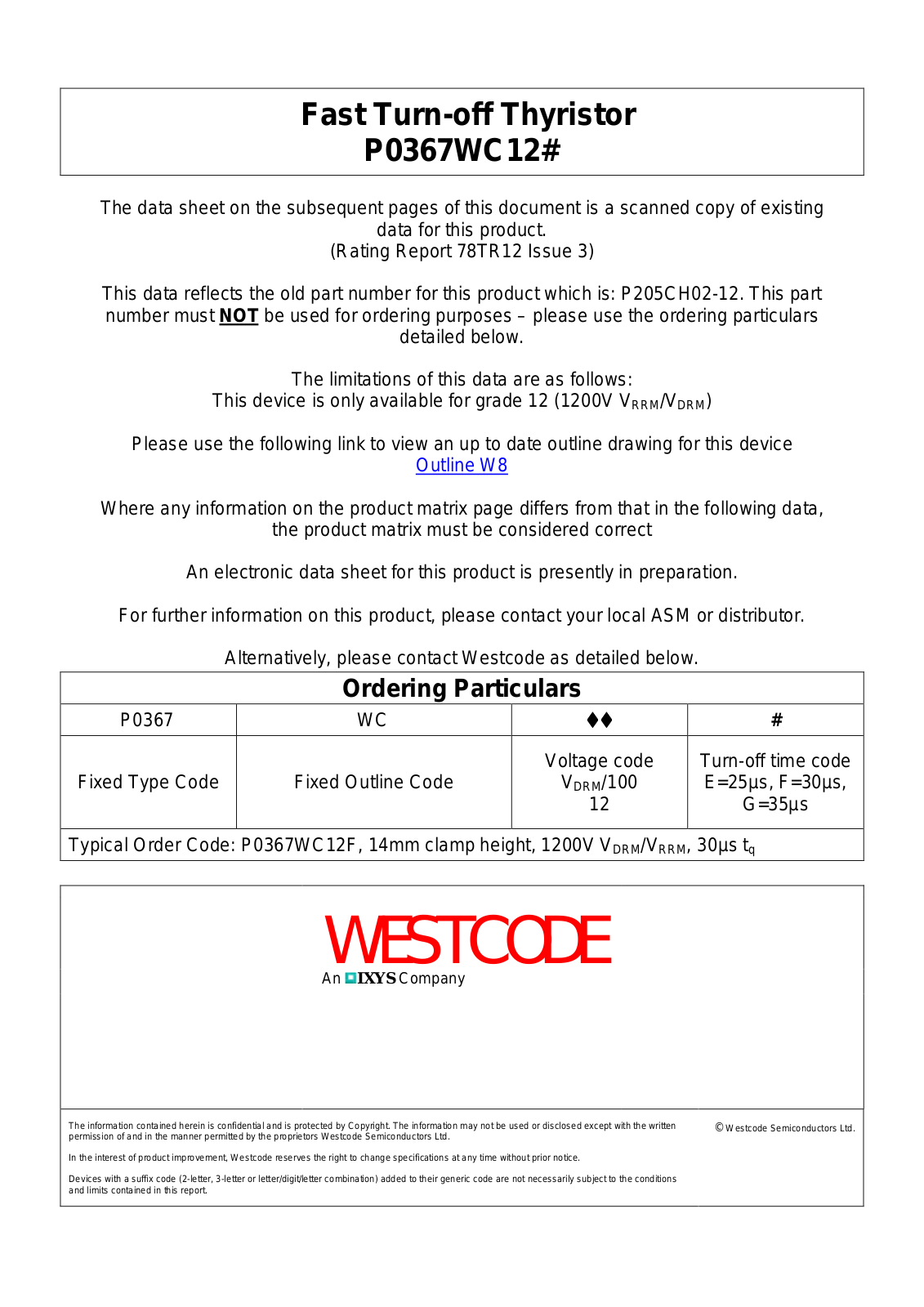 Westcode Semiconductors P0367WC12# Data Sheet