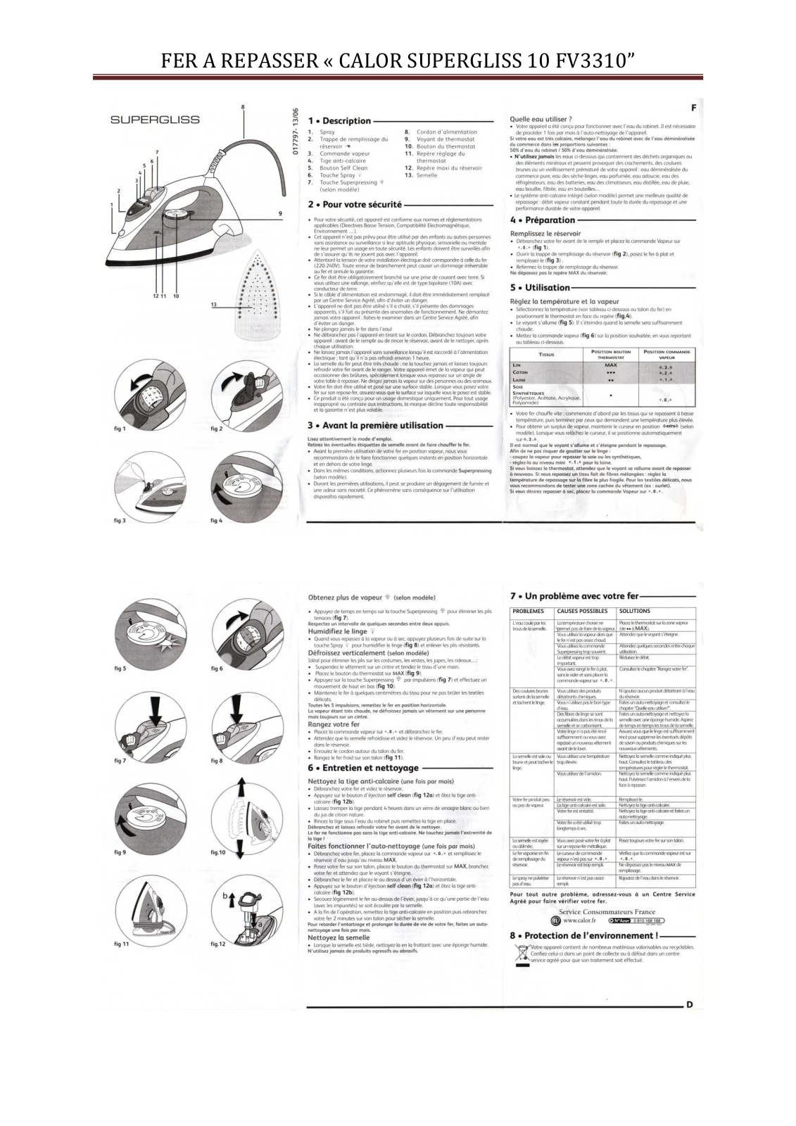 CALOR FER A REPASSER SUPERGLISS 10 FV3310 User Manual