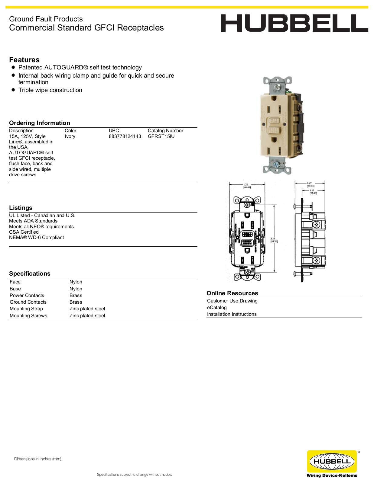 Hubbell GFRST15IU Specifications - ManualMachine.com