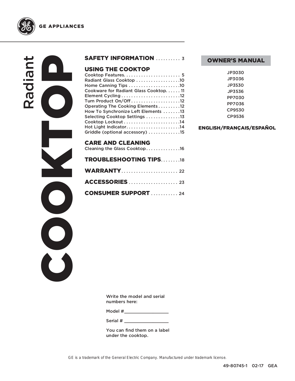 GE JP3036TLWW User Manual