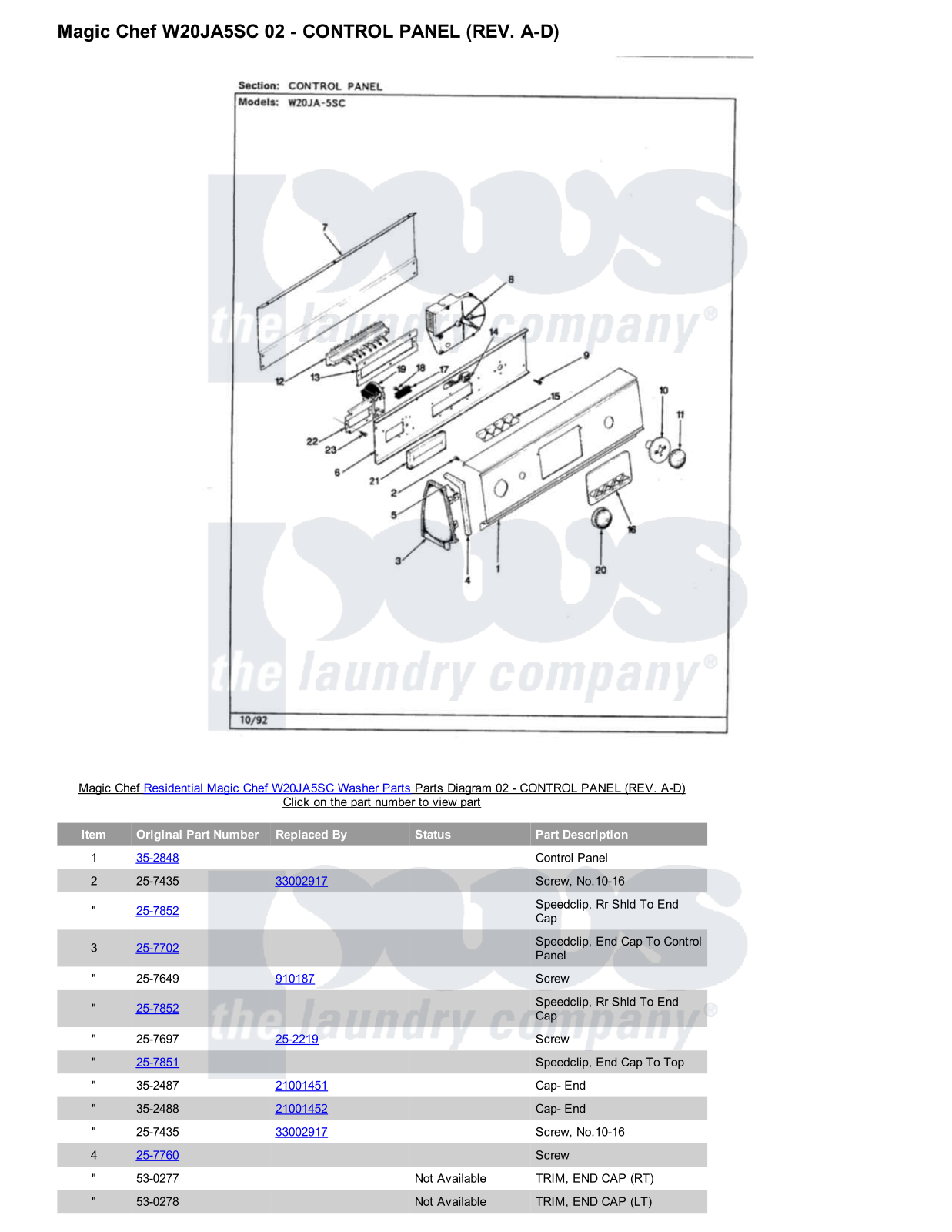 Magic Chef W20JA5SC Parts Diagram