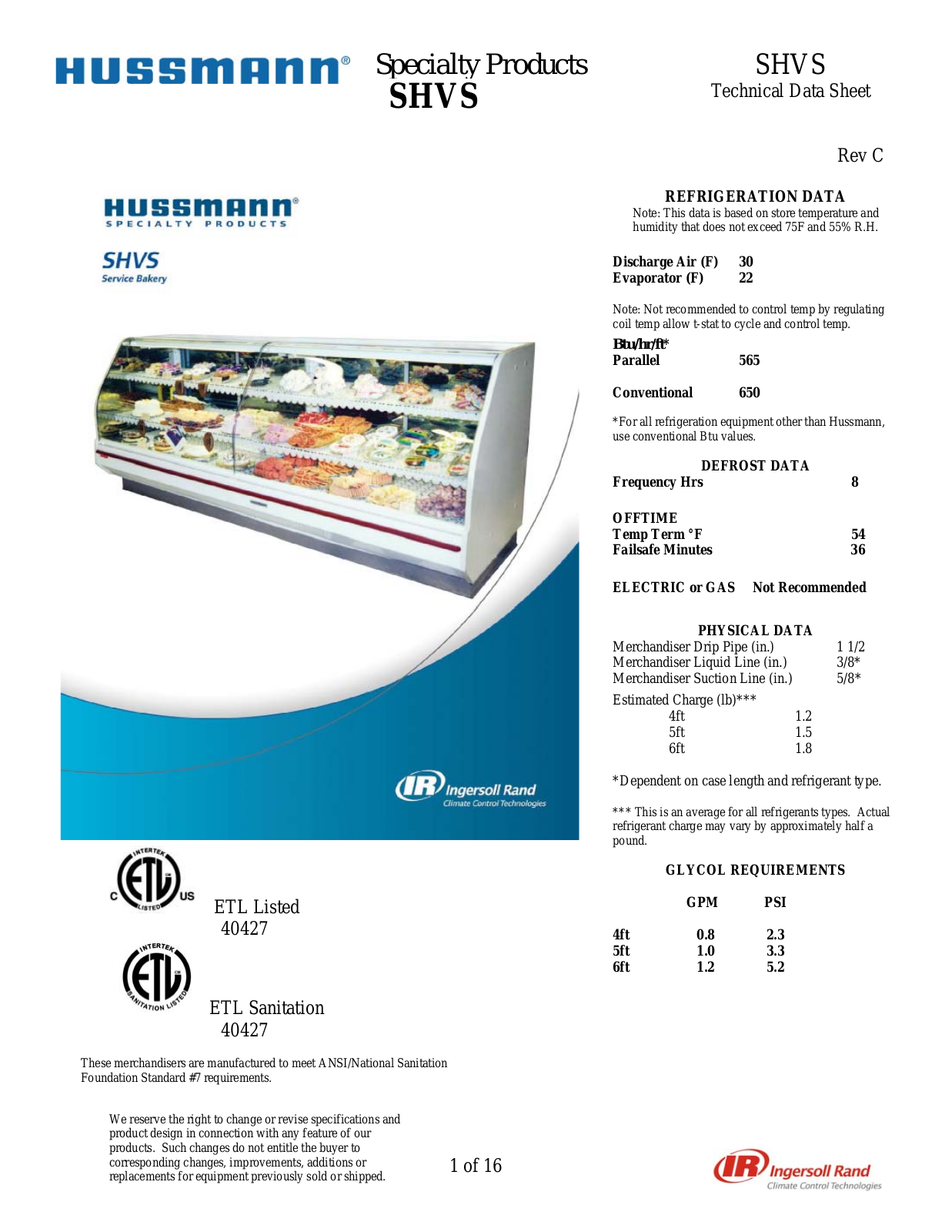 Hussmann SHVS Specifications