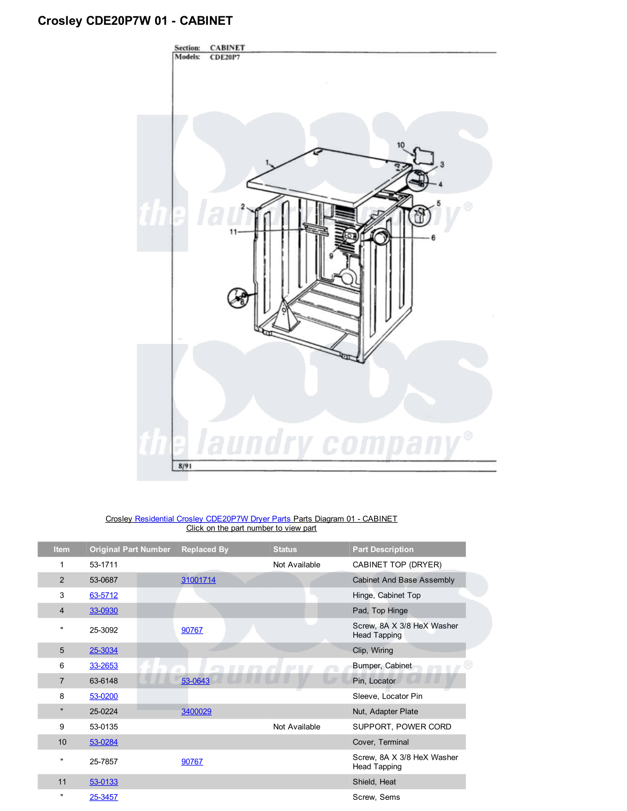 Crosley CDE20P7W Parts Diagram