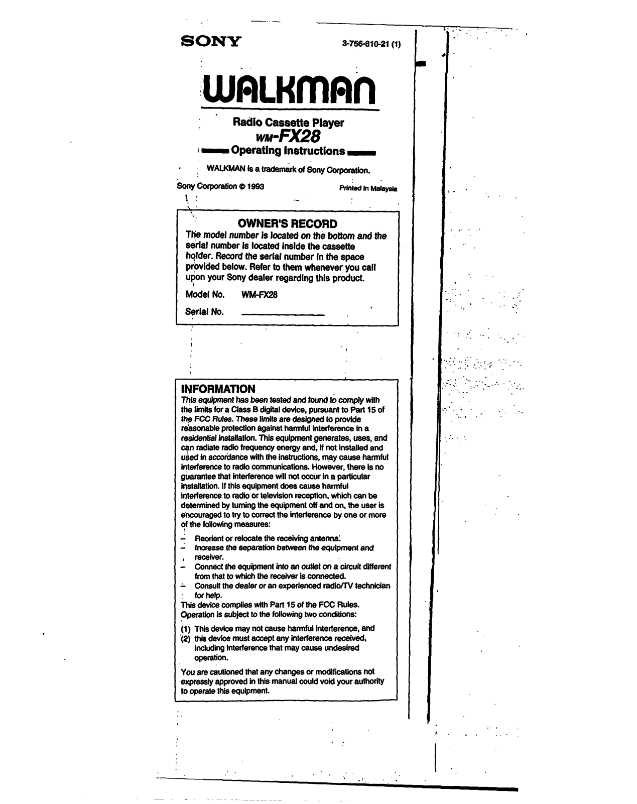 Sony WM-FX28 User Manual