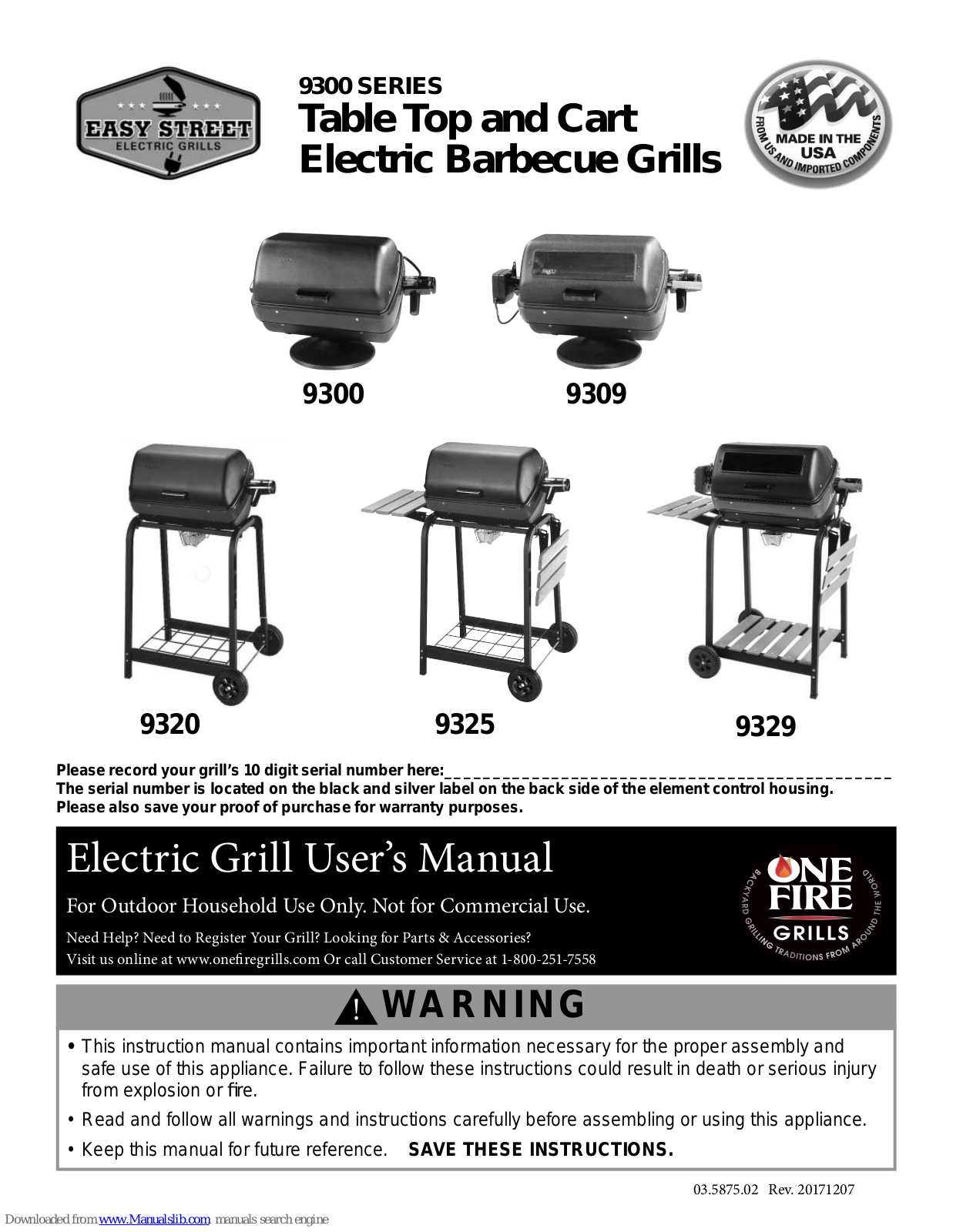 One Fire Grills 9320, 9325, 9329, 9300, 9309 User Manual