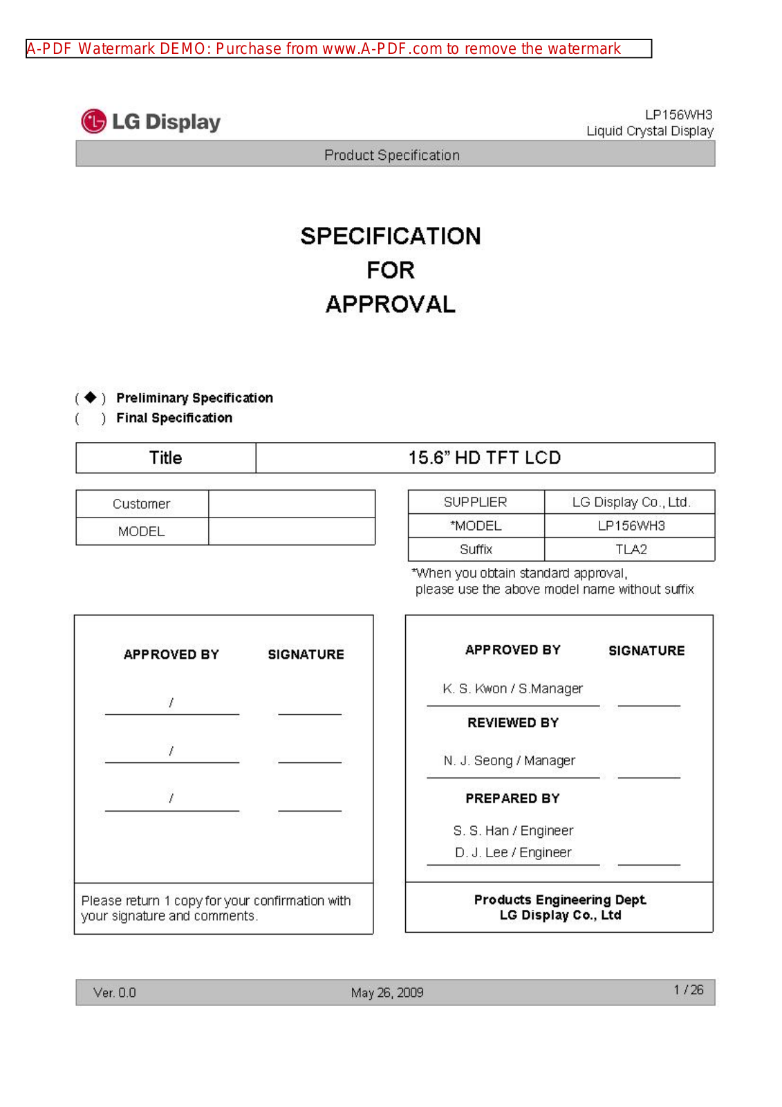 LG LP-156WH3-TLA2 Service manual