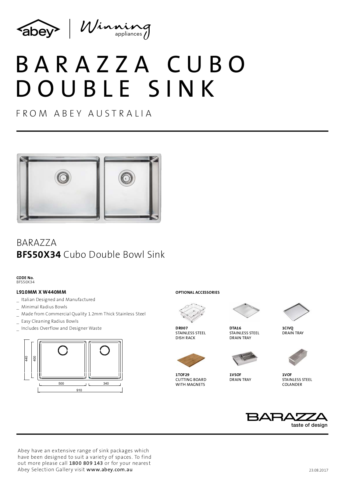 Barazza BFS50X34 Specifications Sheet