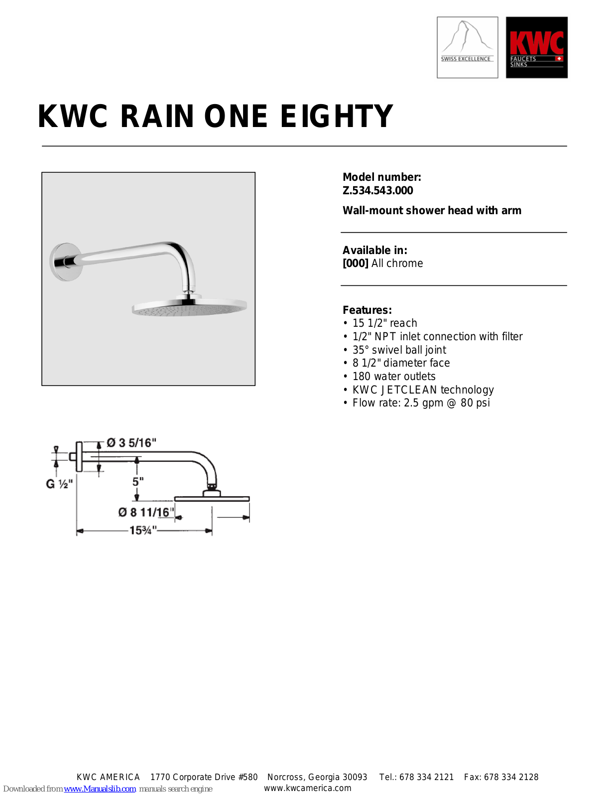 KWC MULTI-LINE Z.534.543.000, RAIN ONE EIGHTY Z.534.543.000 Specification Sheet