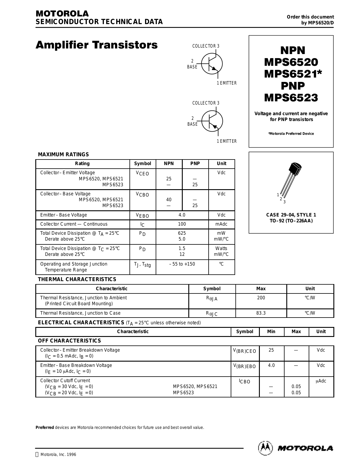 Motorola MPS6520, MPS6523 Datasheet